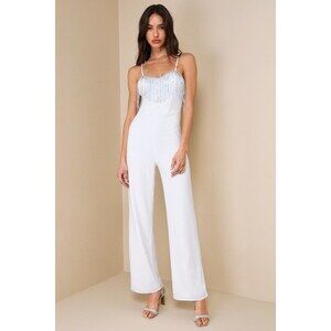 Lulus Glamorous Intuition White Beaded Fringe Bustier Jumpsuit - Size M